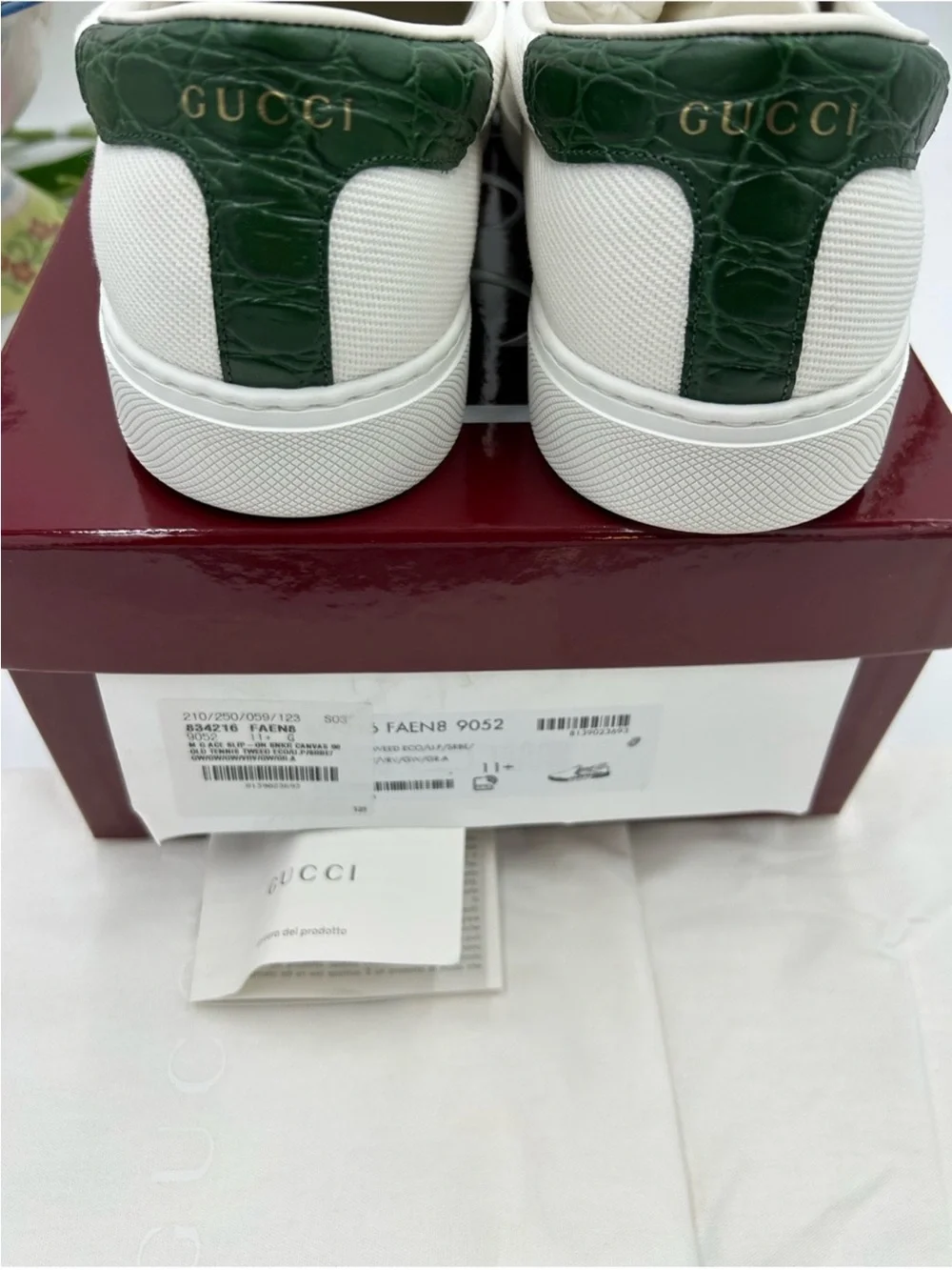 Men’s Gucci, white canvas ace slip on sneakers size 11.5 fits 12.5 US made Italy